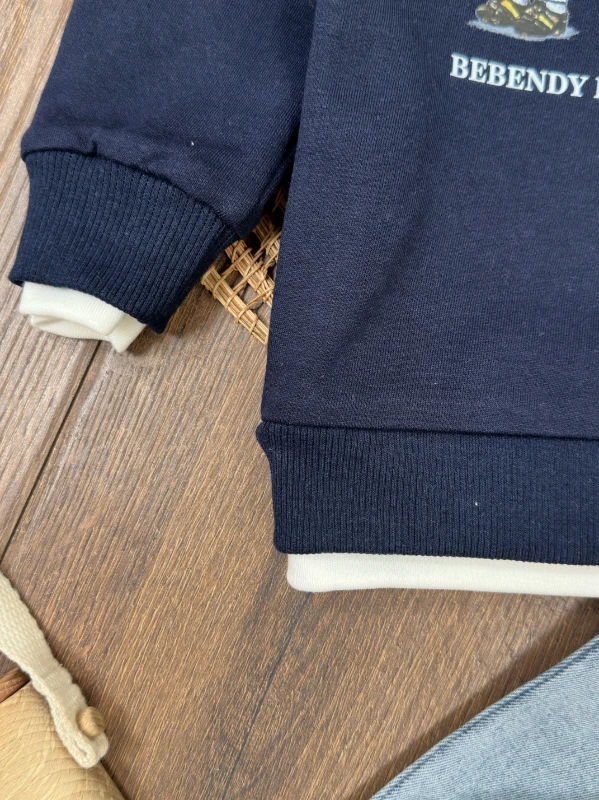 Ayıcık Baskılı Sweatshirt ÇORAPLI Likralı Kot Pantolon 3lü Erkek Bebek/Çocuk Takım - SARI
