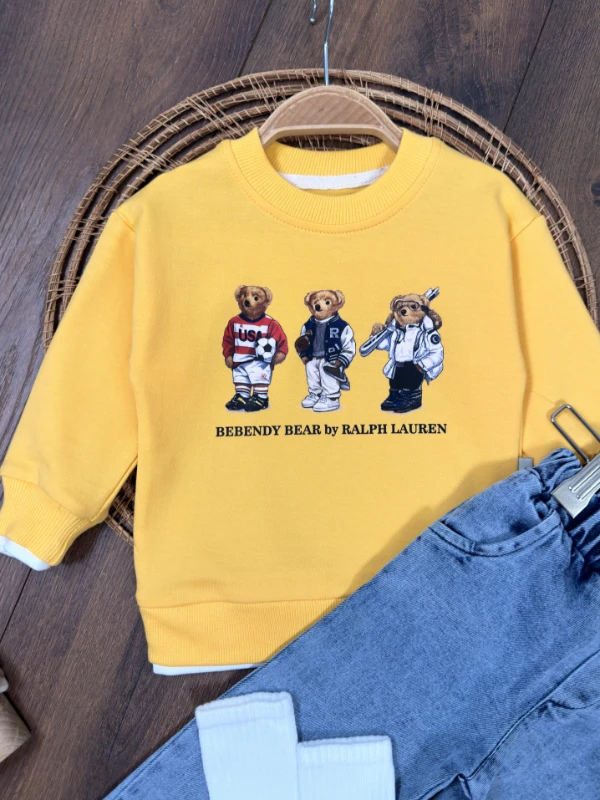 Ayıcık Baskılı Sweatshirt ÇORAPLI Likralı Kot Pantolon 3lü Erkek Bebek/Çocuk Takım - SARI