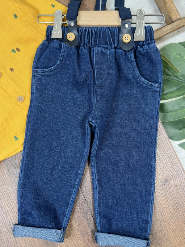 Müslin Şapkalı Askı Kemerli Çam Baskılı Likralı Kot Pantolon 4lü Erkek Bebek/Çocuk Takım - HARDAL