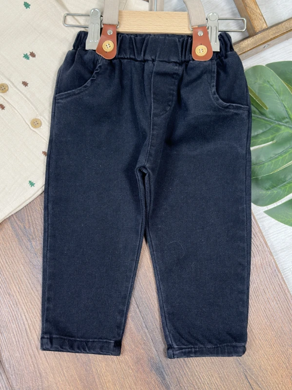Müslin Şapkalı Askı Kemerli Çam Baskılı Likralı Kot Pantolon 4lü Erkek Bebek/Çocuk Takım - HARDAL