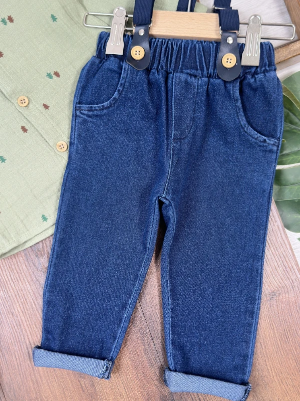 Müslin Şapkalı Askı Kemerli Çam Baskılı Likralı Kot Pantolon 4lü Erkek Bebek/Çocuk Takım - HARDAL
