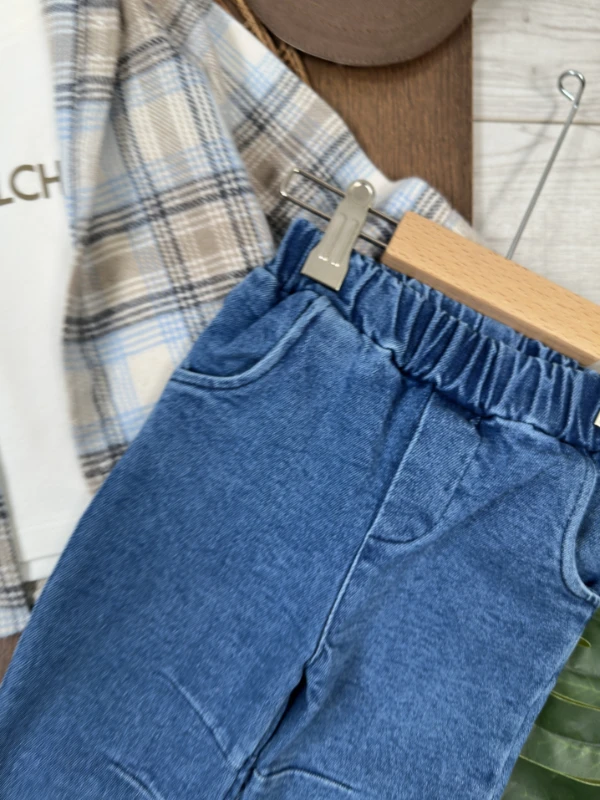 Oduncu Gömlek Nakışlı Şapka Baskılı Badi Likralı Kot Pantolon 4lü Erkek Bebek/Çocuk Takım - SÜTLÜ KAHVE