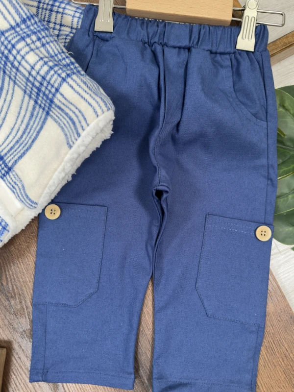 Montlu Takım Oduncu İçi Kürklü Ayıcık Baskılı Badi Likralı Gabardin Pantolon 3lü Kışlık Erkek Bebek/Çocuk Takım - İNDİGO