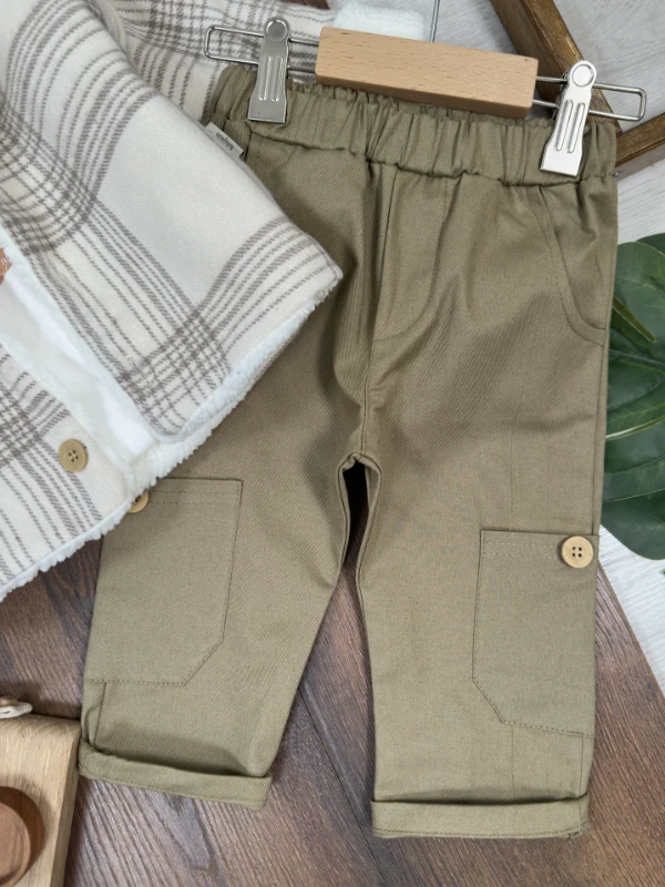 Montlu Takım Oduncu İçi Kürklü Ayıcık Baskılı Badi Likralı Gabardin Pantolon 3lü Kışlık Erkek Bebek/Çocuk Takım - İNDİGO