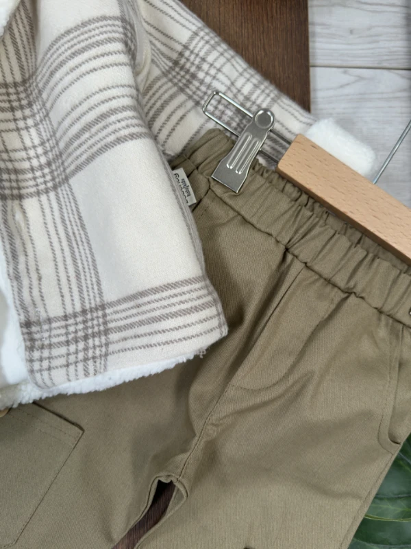 Montlu Takım Oduncu İçi Kürklü Ayıcık Baskılı Badi Likralı Gabardin Pantolon 3lü Kışlık Erkek Bebek/Çocuk Takım - İNDİGO