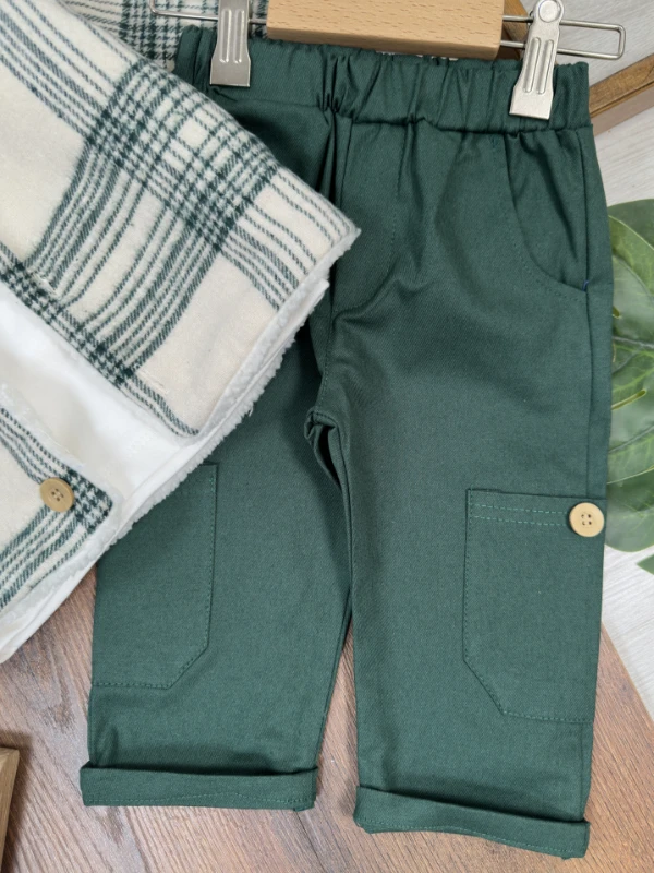 Montlu Takım Oduncu İçi Kürklü Ayıcık Baskılı Badi Likralı Gabardin Pantolon 3lü Kışlık Erkek Bebek/Çocuk Takım - İNDİGO