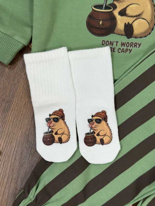 Çizgili Pantolon Capibara Baskılı Sweatshirt Çoraplı Mevsimlik 3lü Erkek Bebek/Çocuk Takım - TARÇIN