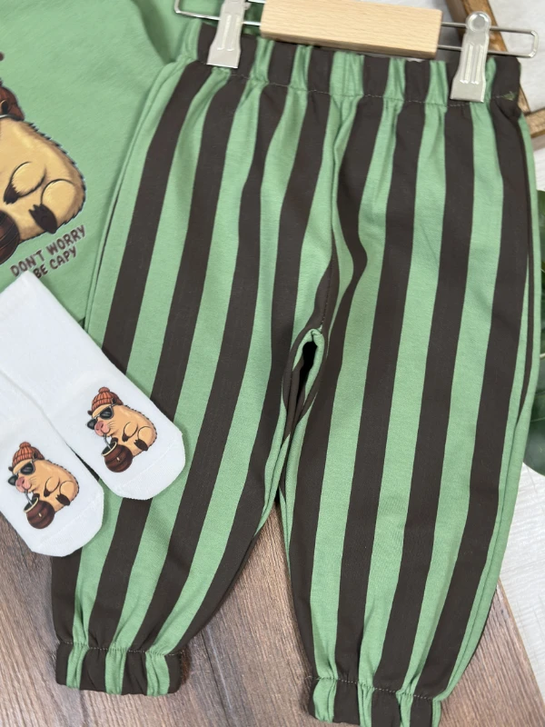 Çizgili Pantolon Capibara Baskılı Sweatshirt Çoraplı Mevsimlik 3lü Erkek Bebek/Çocuk Takım - TARÇIN