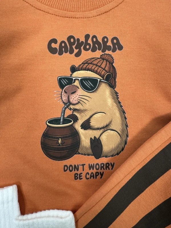 Çizgili Pantolon Capibara Baskılı Sweatshirt Çoraplı Mevsimlik 3lü Erkek Bebek/Çocuk Takım - TARÇIN