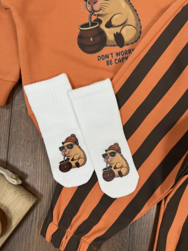 Çizgili Pantolon Capibara Baskılı Sweatshirt Çoraplı Mevsimlik 3lü Erkek Bebek/Çocuk Takım - TARÇIN