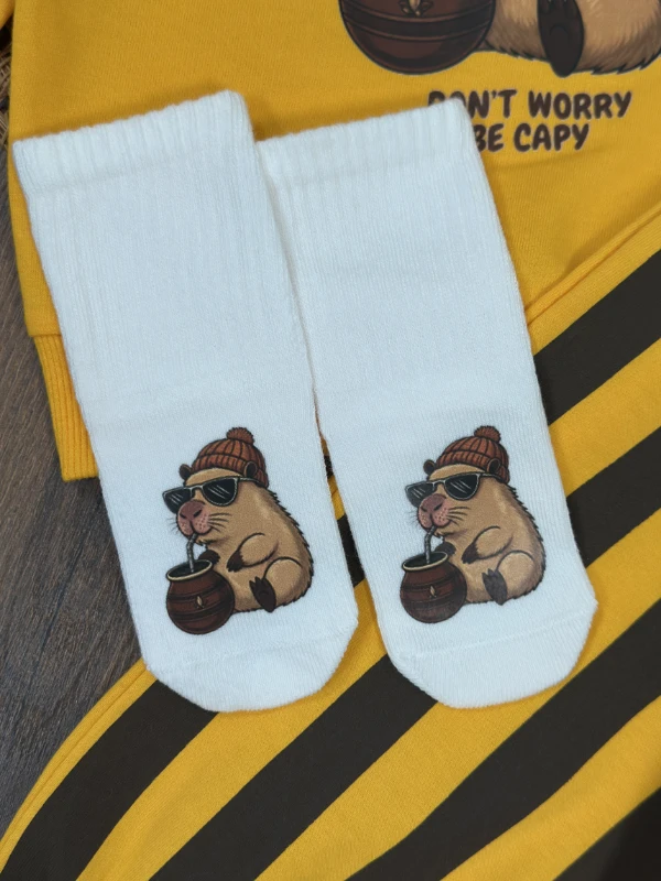 Çizgili Pantolon Capibara Baskılı Sweatshirt Çoraplı Mevsimlik 3lü Erkek Bebek/Çocuk Takım - TARÇIN