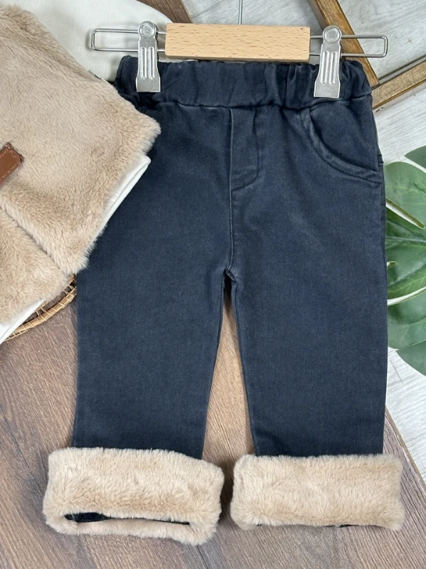 Pelüş Yelek Astarlı Deri Kemer Detaylı Badili Kürk Paça Likralı Kot Pantolon 3lü Kız Bebek/Çocuk Takım - KREM