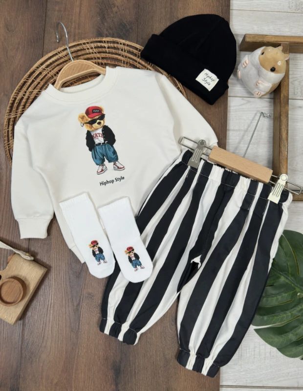 Çizgili Pantolon Tedy Ayıcık Baskılı Sweatshirt Çoraplı Bereli Mevsimlik 3lü Erkek Bebek/Çocuk Takım - SİYAH