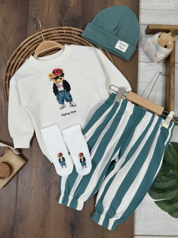 Çizgili Pantolon Tedy Ayıcık Baskılı Sweatshirt Çoraplı Bereli Mevsimlik 3lü Erkek Bebek/Çocuk Takım - YEŞİL