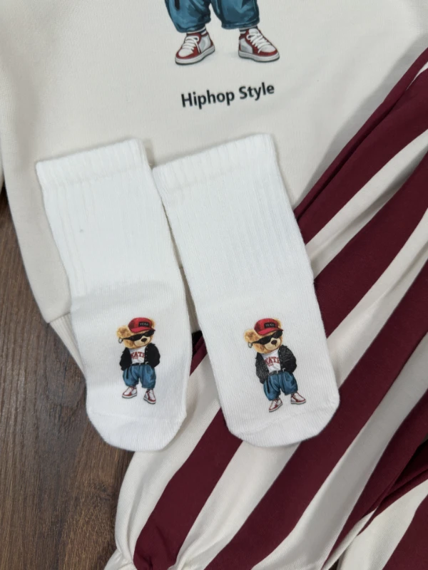 Çizgili Pantolon Tedy Ayıcık Baskılı Sweatshirt Çoraplı Bereli Mevsimlik 3lü Erkek Bebek/Çocuk Takım - BORDO