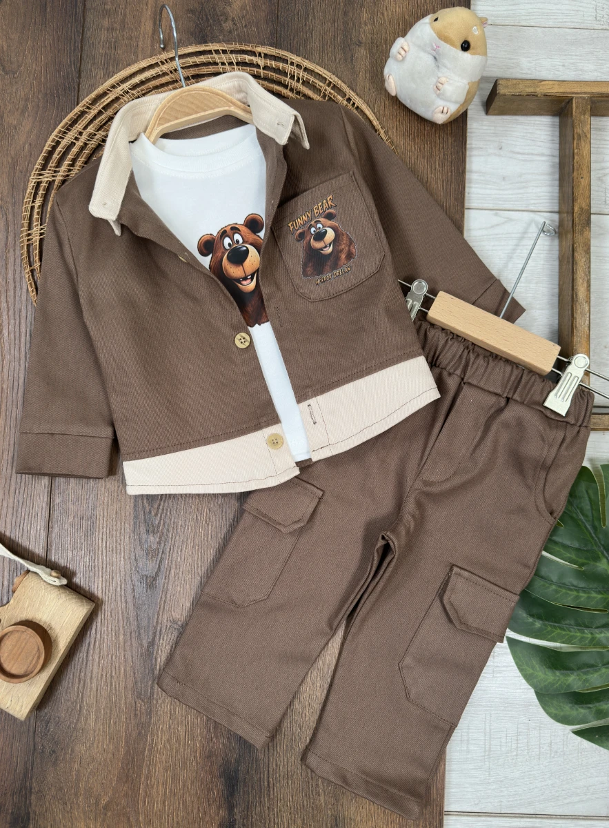 Gabardin Düğmeli Ayıcık Baskılı Badi Bermuda Cep Detaylı Likralı 3lü Erkek Bebek/Çocuk Takım - KAHVE