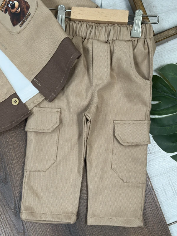 Gabardin Düğmeli Ayıcık Baskılı Badi Bermuda Cep Detaylı Likralı 3lü Erkek Bebek/Çocuk Takım - HAKİ YEŞİL