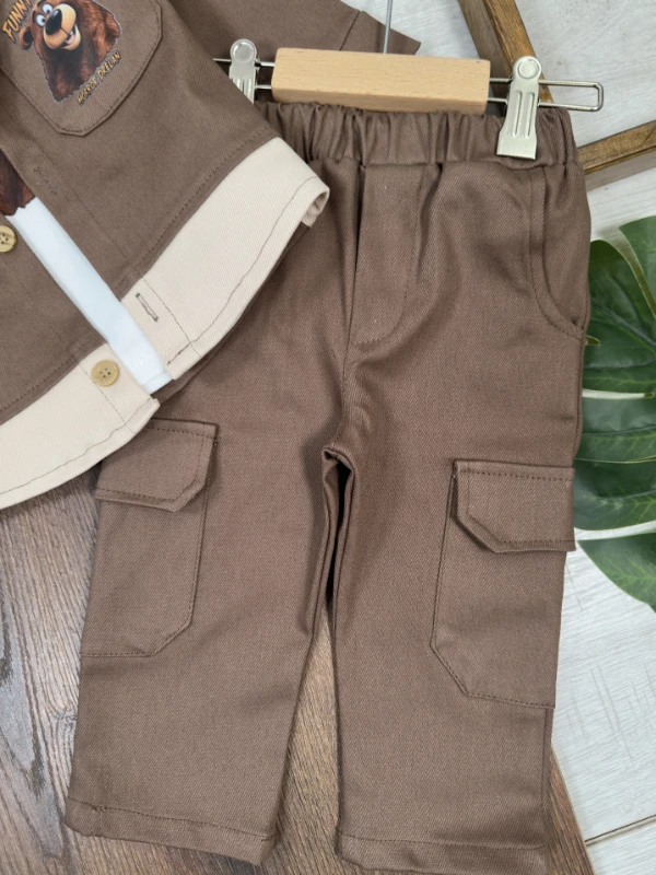 Gabardin Düğmeli Ayıcık Baskılı Badi Bermuda Cep Detaylı Likralı 3lü Erkek Bebek/Çocuk Takım - HAKİ YEŞİL