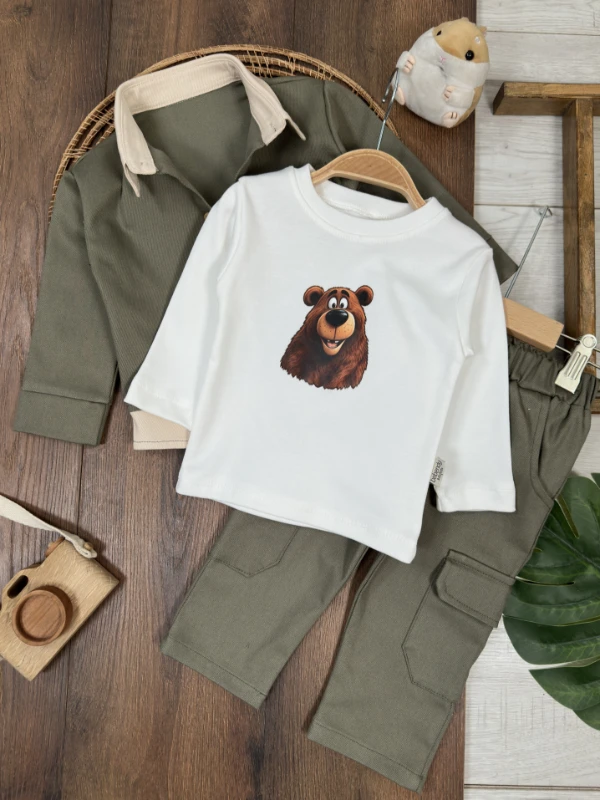 Gabardin Düğmeli Ayıcık Baskılı Badi Bermuda Cep Detaylı Likralı 3lü Erkek Bebek/Çocuk Takım - HAKİ YEŞİL