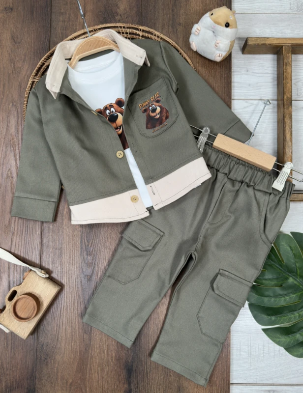 Gabardin Düğmeli Ayıcık Baskılı Badi Bermuda Cep Detaylı Likralı 3lü Erkek Bebek/Çocuk Takım - HAKİ YEŞİL