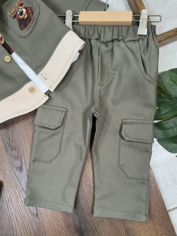 Gabardin Düğmeli Ayıcık Baskılı Badi Bermuda Cep Detaylı Likralı 3lü Erkek Bebek/Çocuk Takım - HAKİ YEŞİL