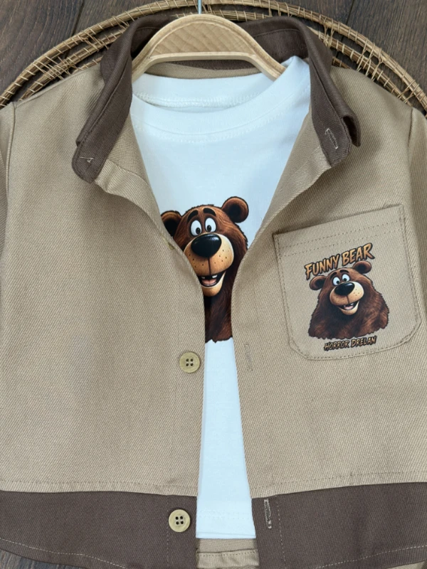 Gabardin Düğmeli Ayıcık Baskılı Badi Bermuda Cep Detaylı Likralı 3lü Erkek Bebek/Çocuk Takım - HAKİ YEŞİL