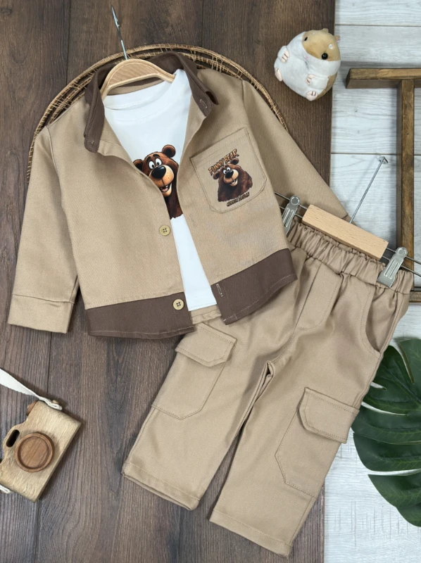 Gabardin Düğmeli Ayıcık Baskılı Badi Bermuda Cep Detaylı Likralı 3lü Erkek Bebek/Çocuk Takım - SÜTLÜ KAHVE