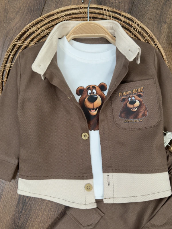 Gabardin Düğmeli Ayıcık Baskılı Badi Bermuda Cep Detaylı Likralı 3lü Erkek Bebek/Çocuk Takım - HAKİ YEŞİL