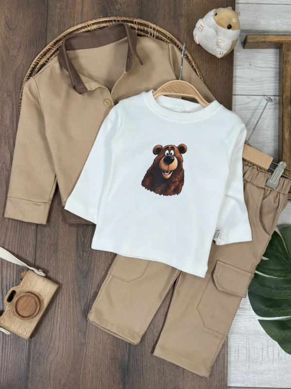 Gabardin Düğmeli Ayıcık Baskılı Badi Bermuda Cep Detaylı Likralı 3lü Erkek Bebek/Çocuk Takım - HAKİ YEŞİL