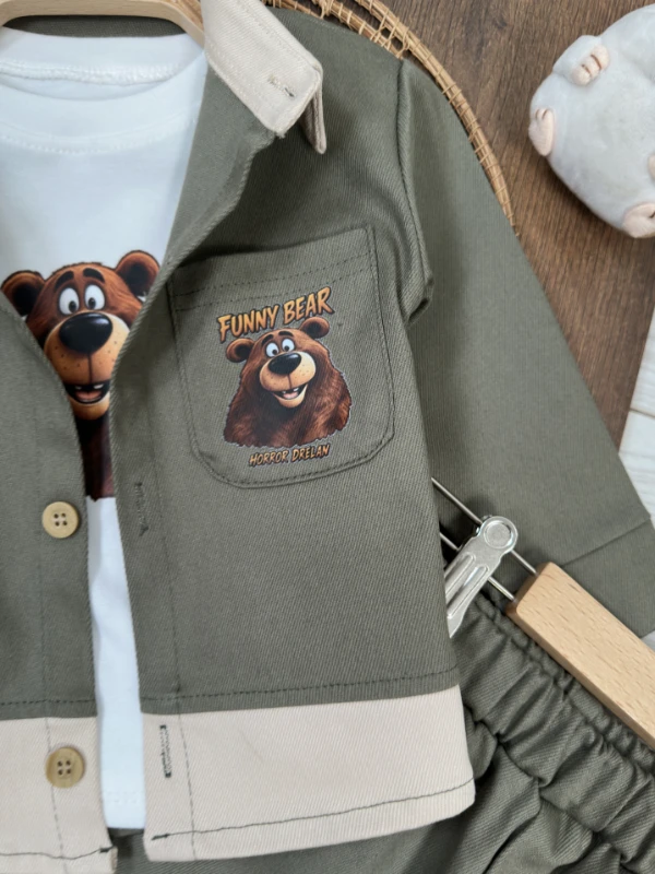 Gabardin Düğmeli Ayıcık Baskılı Badi Bermuda Cep Detaylı Likralı 3lü Erkek Bebek/Çocuk Takım - HAKİ YEŞİL