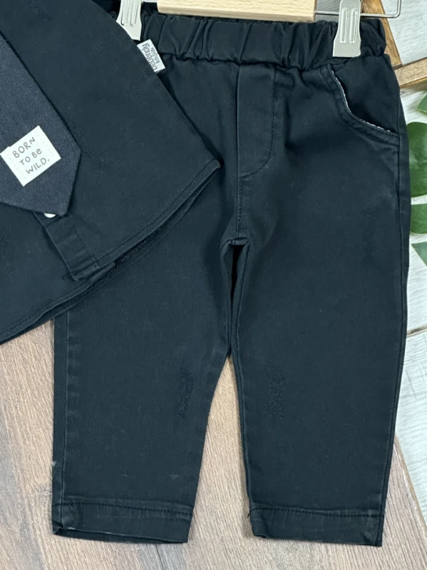 Kravatlı Likralı Kot Önden Çıtçıtlı 3lü Kot Erkek Bebek/Çocuk Takım - MAVİ