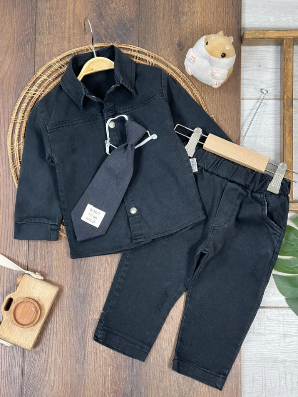 Kravatlı Likralı Kot Önden Çıtçıtlı 3lü Kot Erkek Bebek/Çocuk Takım - MAVİ