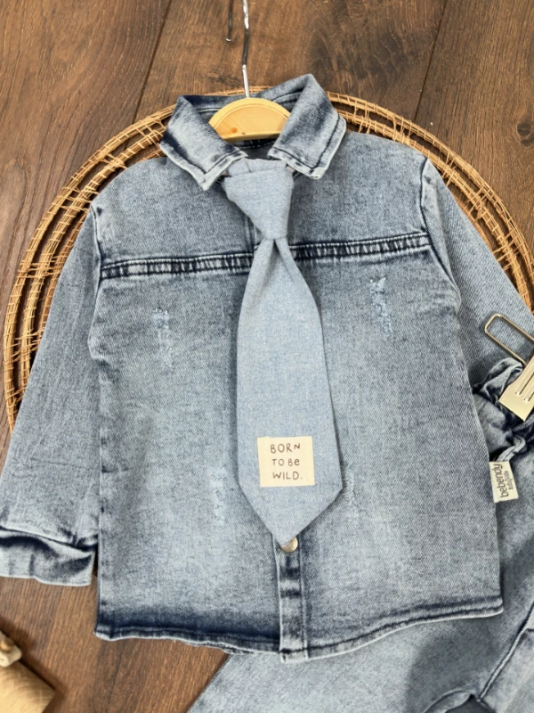 Kravatlı Likralı Kot Önden Çıtçıtlı 3lü Kot Erkek Bebek/Çocuk Takım - MAVİ
