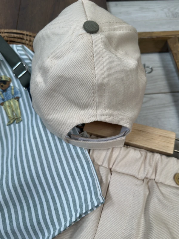 Askı Kemerli Şapkalı Ayıcık Baskılı Likralı Gabardin Pantolon 4lü Erkek Bebek/Çocuk Takım - İNDİGO