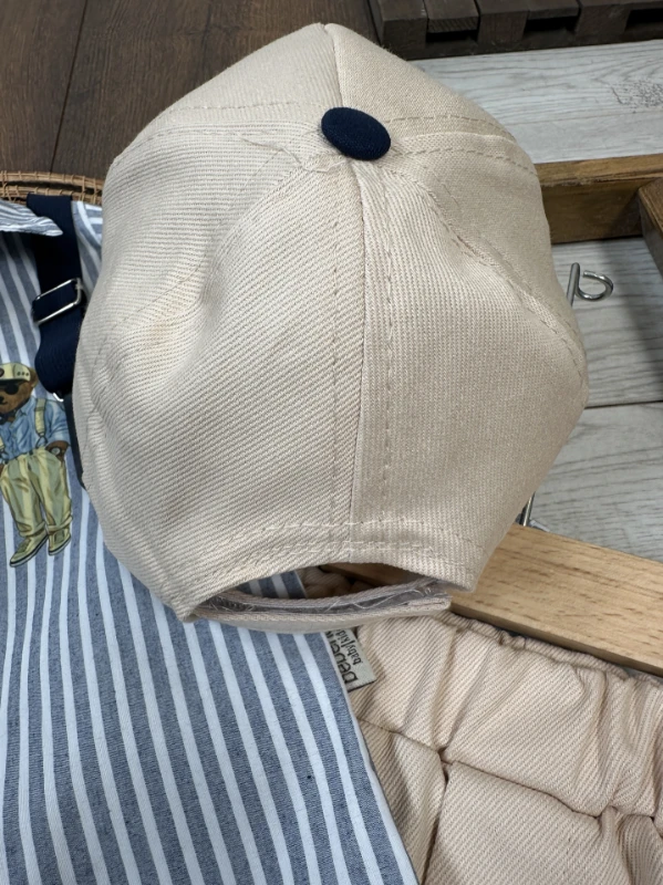 Askı Kemerli Şapkalı Ayıcık Baskılı Likralı Gabardin Pantolon 4lü Erkek Bebek/Çocuk Takım - İNDİGO