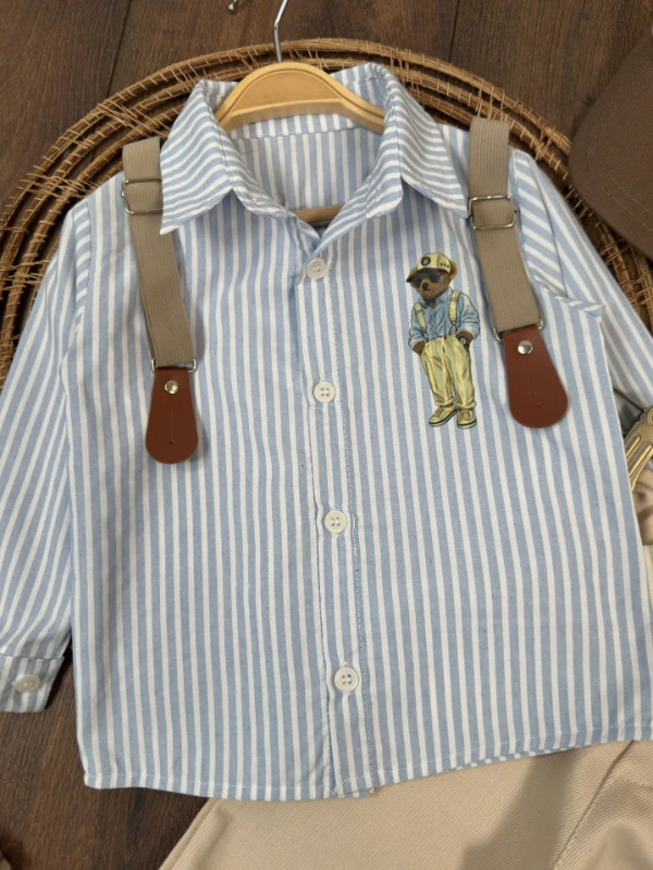 Askı Kemerli Şapkalı Ayıcık Baskılı Likralı Gabardin Pantolon 4lü Erkek Bebek/Çocuk Takım - İNDİGO