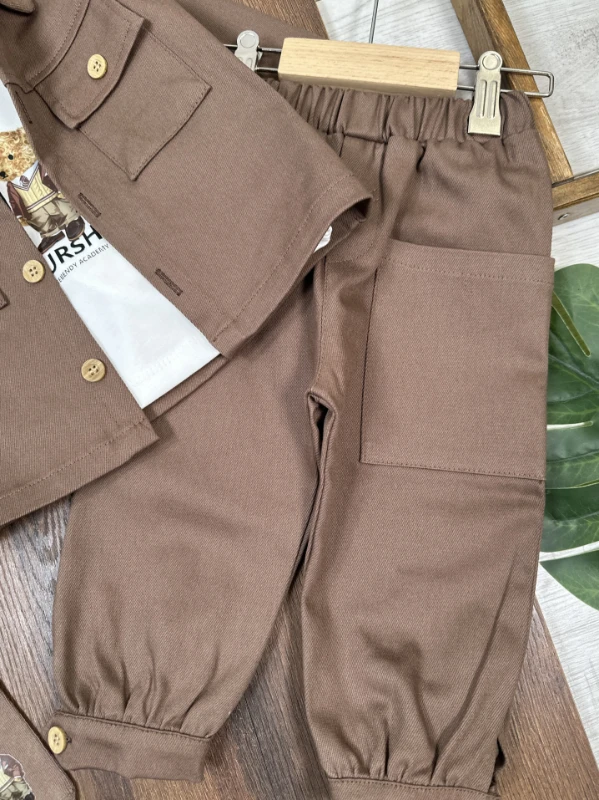 Gabardin Düğmeli Çoraplı Ayıcık Baskılı Badi Cep Detaylı Likralı 4lü Erkek Bebek/Çocuk Takım - KAHVE