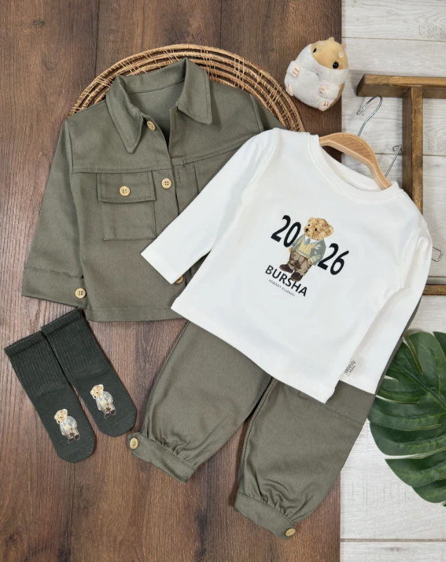 Gabardin Düğmeli Çoraplı Ayıcık Baskılı Badi Cep Detaylı Likralı 4lü Erkek Bebek/Çocuk Takım - KAHVE