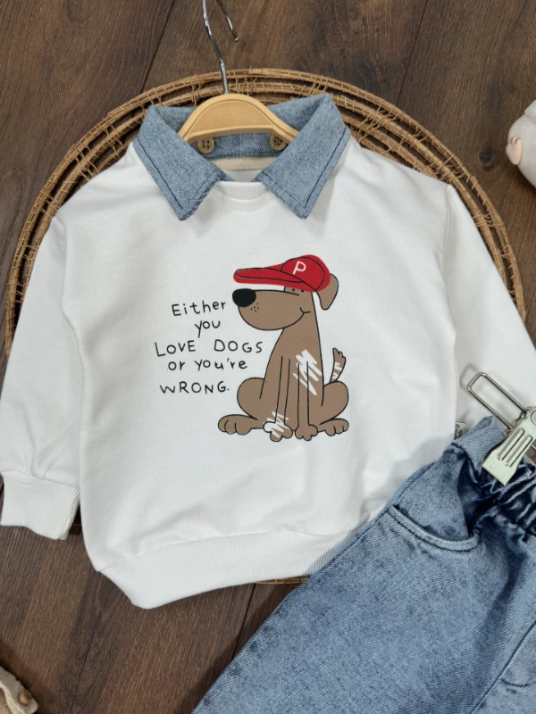 Polo Yaka Sevimli Köpek Baskılı Sök Tak Yaka Likralı Kot Pantolon 3lü Erkek Bebek/Çocuk Takım - BEYAZ