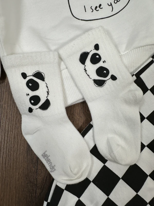 Panda Kareli Pantolon Çoraplı Bereli Mevsimlik 4lü Erkek Bebek/Çocuk Takım - SİYAH