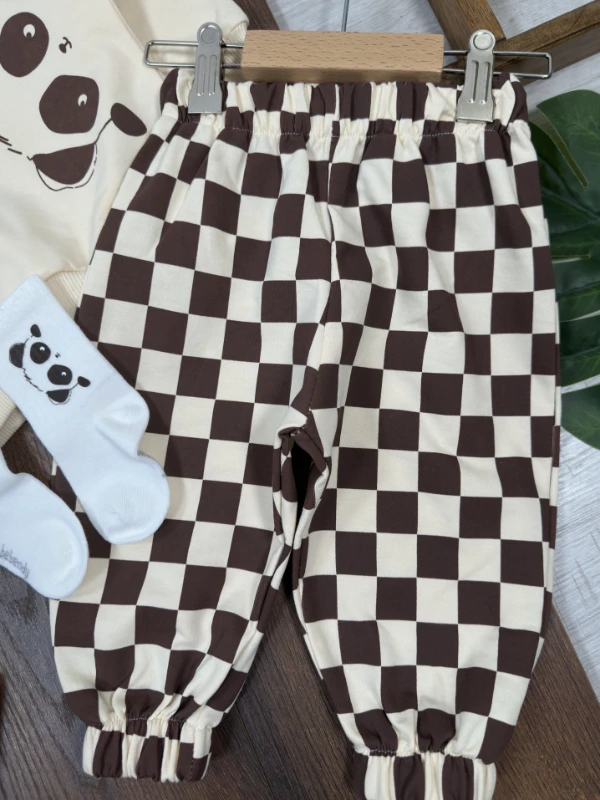 Panda Kareli Pantolon Çoraplı Bereli Mevsimlik 4lü Erkek Bebek/Çocuk Takım - KAHVE
