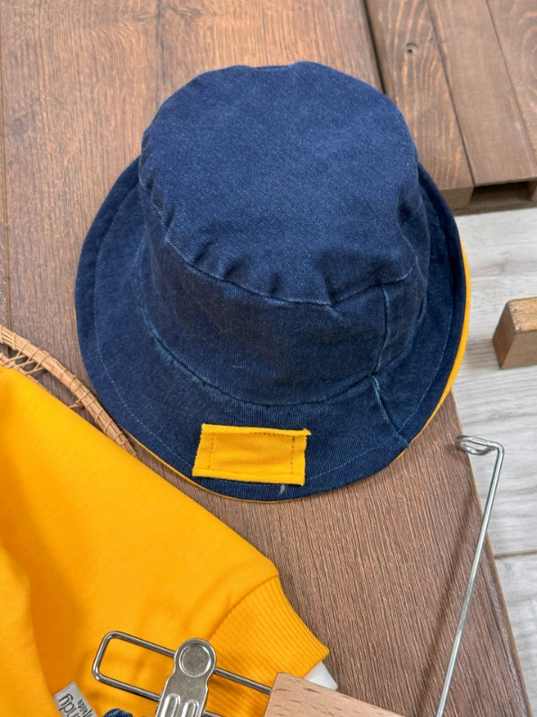 Likralı Kot Pantolon Safari Şapka NakışlıSweatshirt 3lü Erkek Bebek/Çocuk Takım - SARI