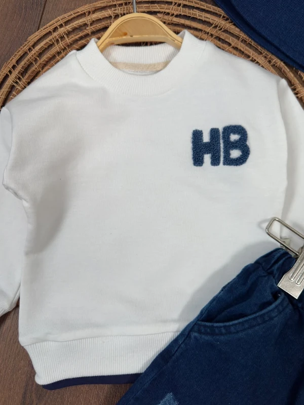 Likralı Kot Pantolon Safari Şapka NakışlıSweatshirt 3lü Erkek Bebek/Çocuk Takım - BEYAZ
