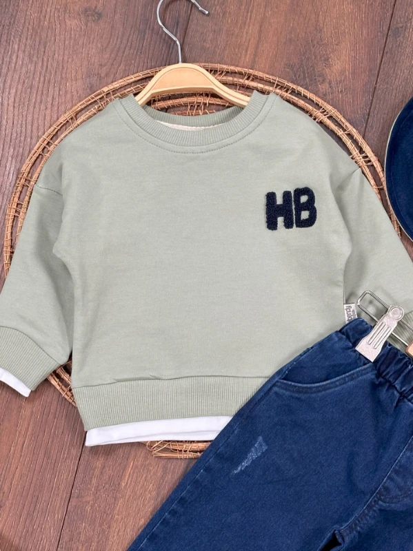 Likralı Kot Pantolon Safari Şapka NakışlıSweatshirt 3lü Erkek Bebek/Çocuk Takım - YEŞİL