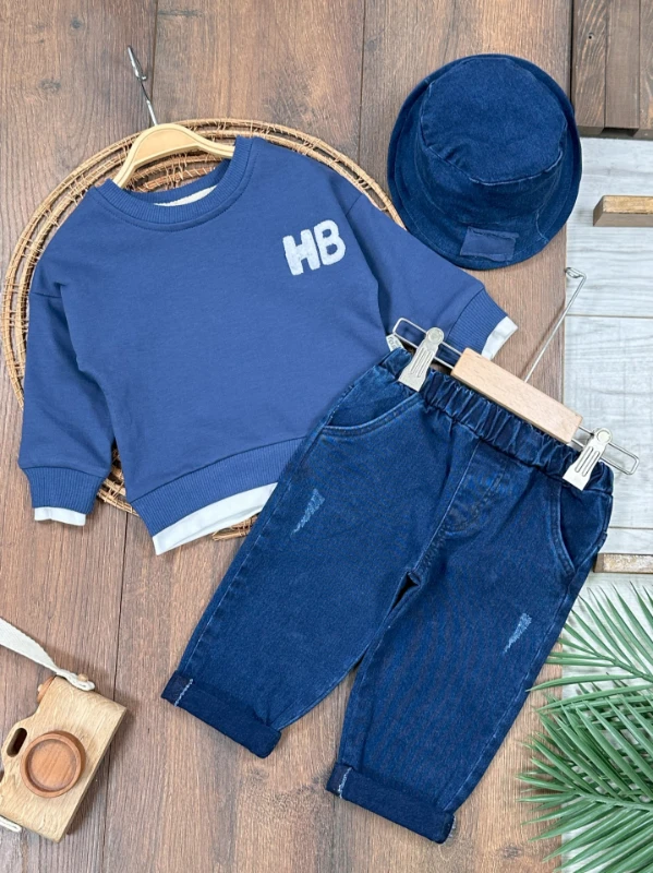 Likralı Kot Pantolon Safari Şapka NakışlıSweatshirt 3lü Erkek Bebek/Çocuk Takım - LACİVERT
