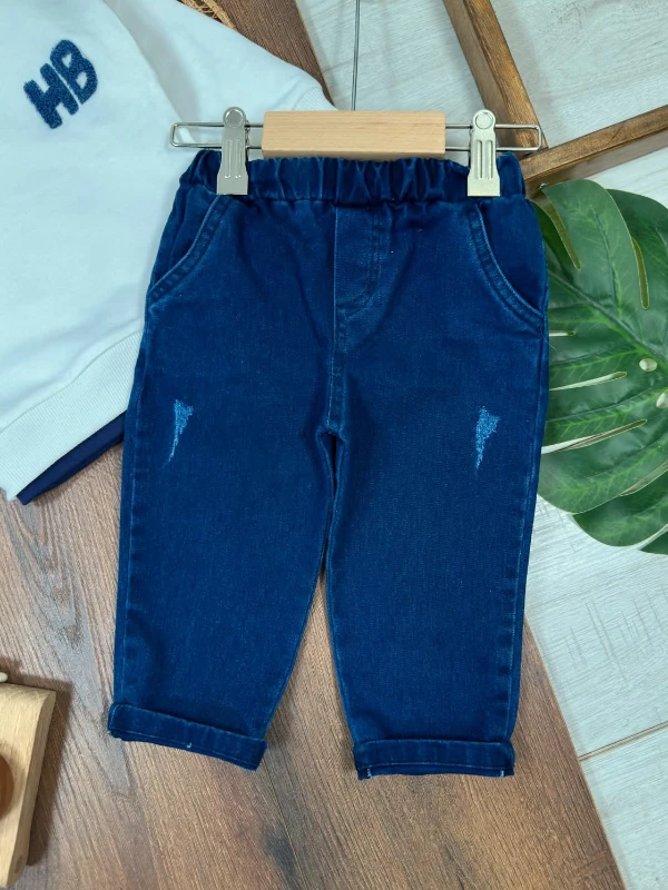 Likralı Kot Pantolon Safari Şapka NakışlıSweatshirt 3lü Erkek Bebek/Çocuk Takım - BEYAZ