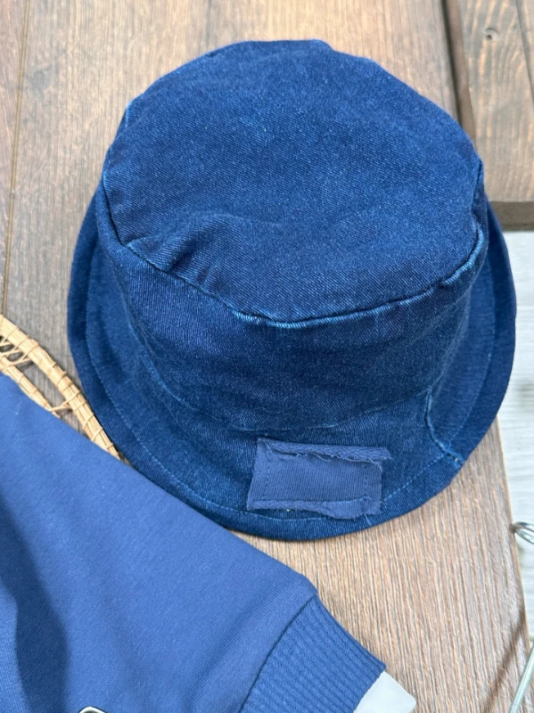 Likralı Kot Pantolon Safari Şapka NakışlıSweatshirt 3lü Erkek Bebek/Çocuk Takım - LACİVERT