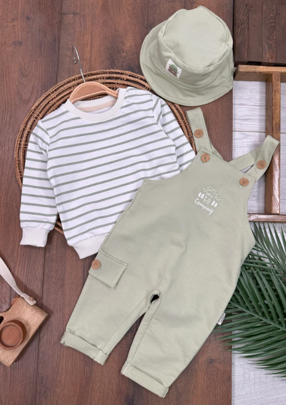 Safari Şapkalı Nakışlı Şeritli Sweatshirt Salopet Erkek Bebek Takım - YEŞİL