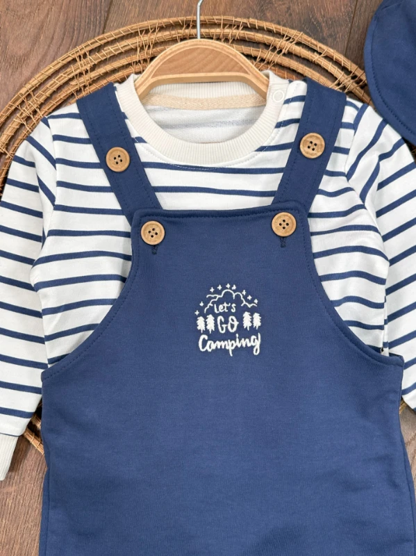 Safari Şapkalı Nakışlı Şeritli Sweatshirt Salopet Erkek Bebek Takım - LACİVERT