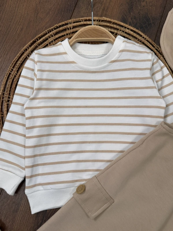 Safari Şapkalı Nakışlı Şeritli Sweatshirt Salopet Erkek Bebek Takım - KAHVE KÖPÜĞÜ